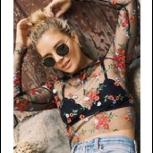 Sheer long sleeve floral crop top Kimchi Blue